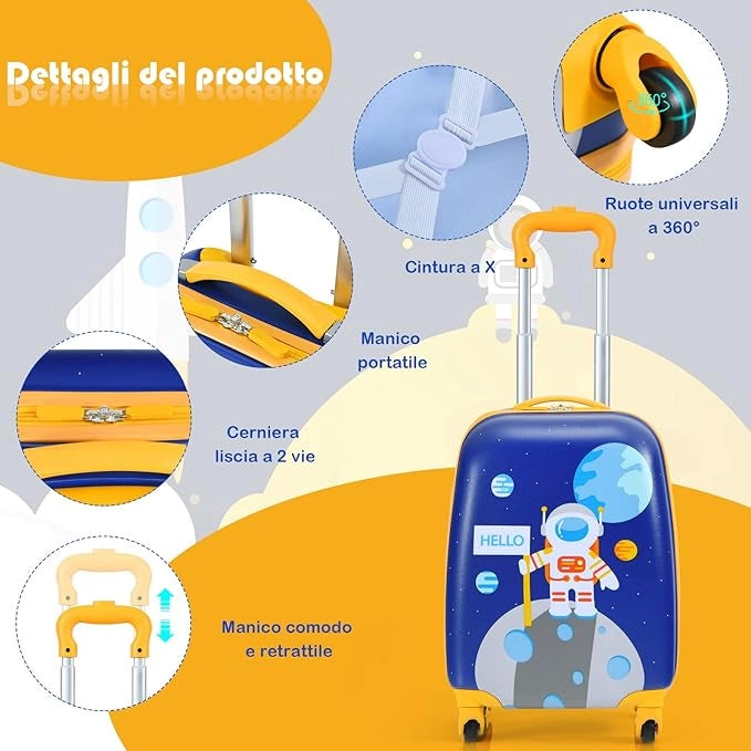 Set di Valigia per Bambini, 16" Valigia+ 12" Zaino, 2 Pezzi, con Ruote Girevoli a 360° e Maniglia Retrattile, Ideale per Viaggiare in Modo Comodo e Divertente (Modello 9)