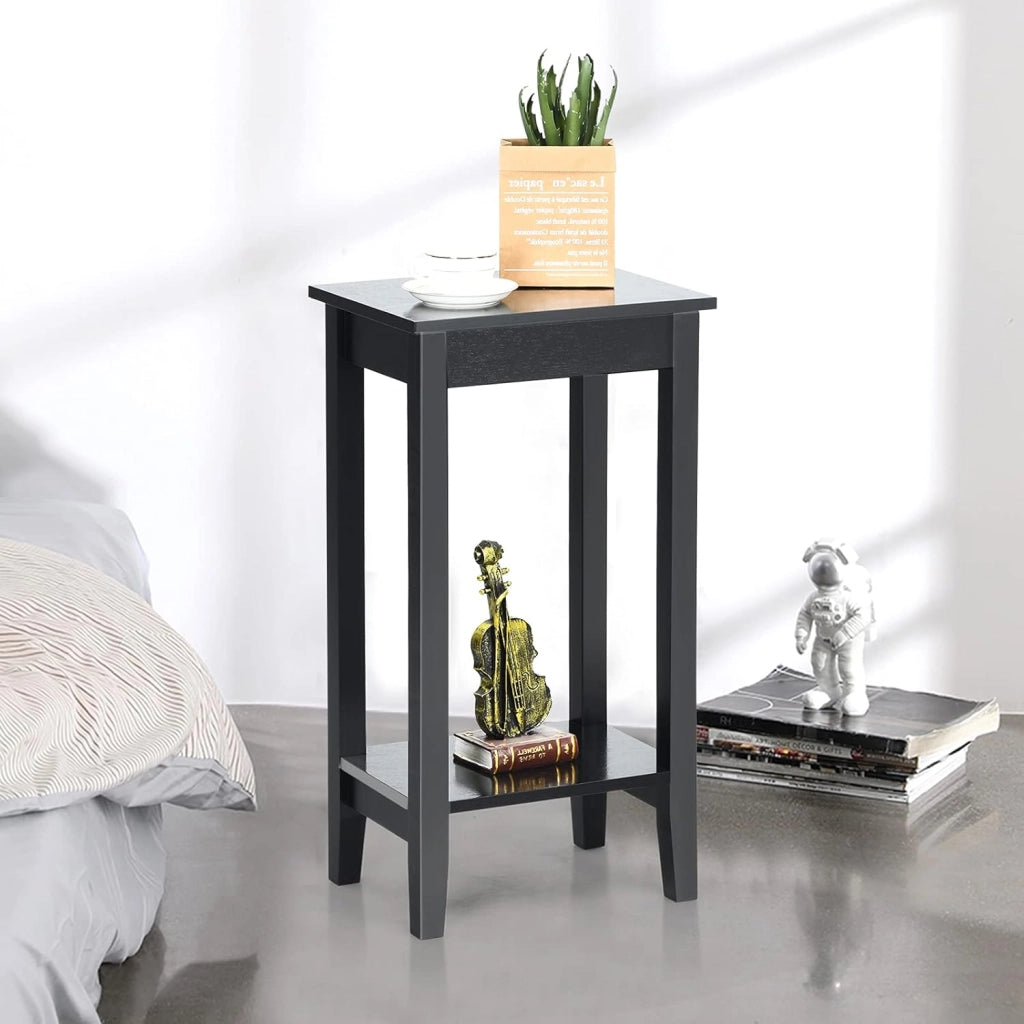 Tavolino da Salotto, Tavolino di Servizio con 2 Livelli e 4 Gambe in Solido Legno, Tavolino da Caffè Rettangolare Stretto per Salone e Camera da Letto, 39,6 x 29,6 x 73,5 cm (Nero)