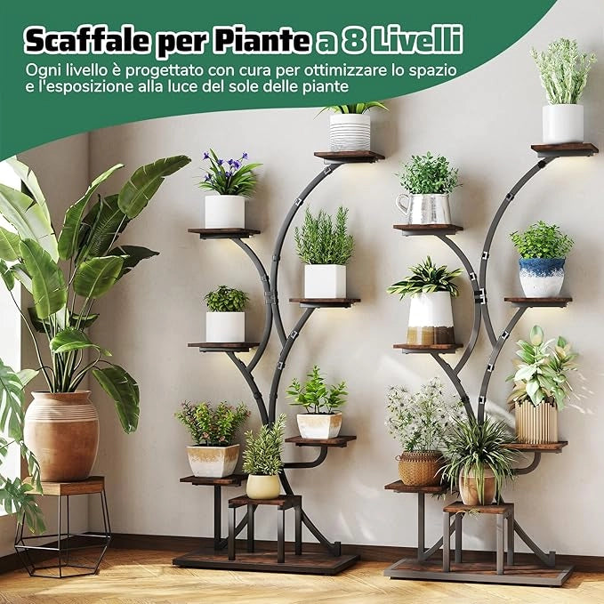 Scaffale per Piante da Interno ed Esterno, Porta Piante con Luci di Crescita, 8 Ripiani in Metallo ad Angolo, Porta Vasi per Balcone, Giardino e Soggiorno, 67 x 30 x 146 cm