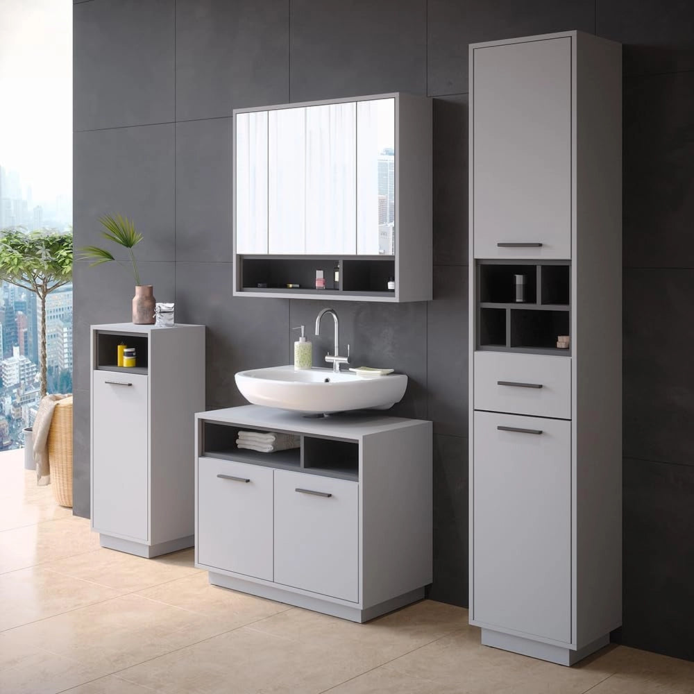 Set di mobili da bagno Beatrice, Grigio, 80 cm, composto da mobile lavabo, pensile a specchio, colonna e base media