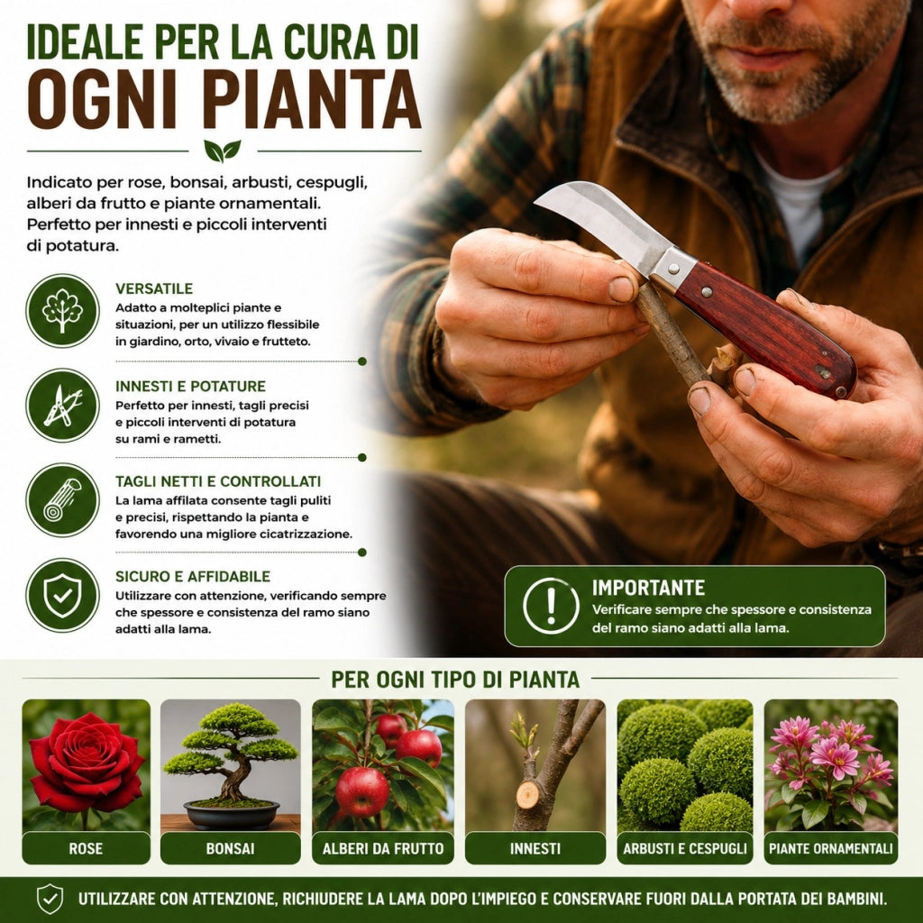 Coltello Innesto Pieghevole Lama Inox Manico Legno Giardinaggio