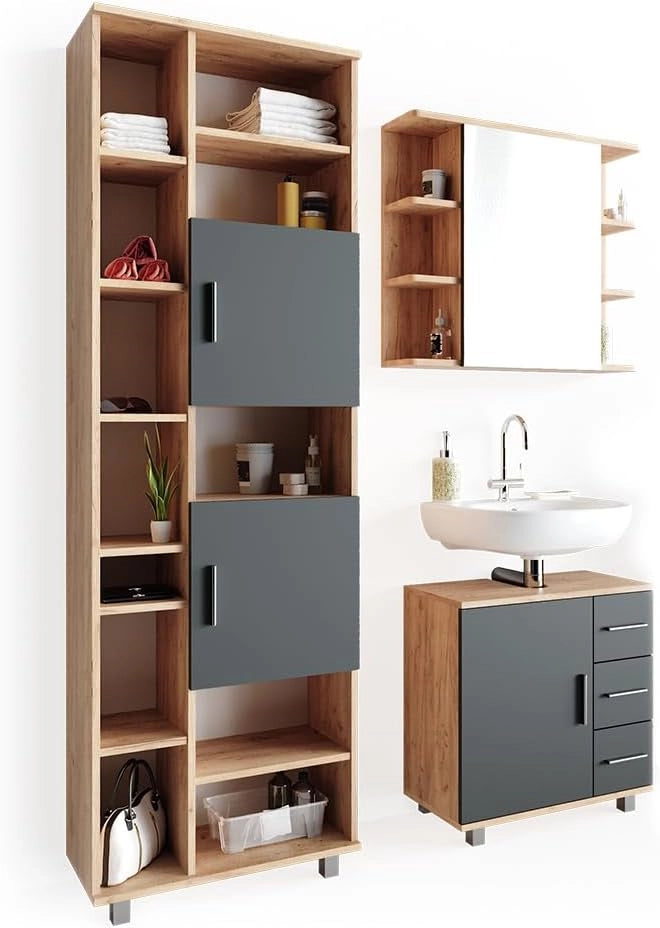 Set mobili bagno Ilias, Rovere, 60 cm, composto da mobile sottolavabo, specchiera e colonna alta