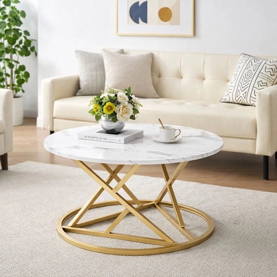Tavolo supplementare generico - tavolo moderno per soggiorno, tavolo salotto in marmo, tavolo rotondo in bianco e oro, adatto per soggiorno, camera da letto, ufficio e balcone, 1 pezzo, diametro 80 cm