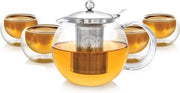 Teapot in acciaio inossidabile con filtro rimovibile per tè in foglie - Capacità 1200 ml - Incluso set di 4 tazze in vetro doppio vetro isolato (150 ml)