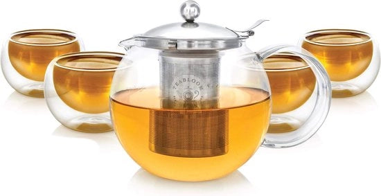 Teapot in acciaio inossidabile con filtro rimovibile per tè in foglie - Capacità 1200 ml - Incluso set di 4 tazze in vetro doppio vetro isolato (150 ml)