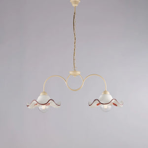 Bilanciere 2 Luci Anemone In Ferro Laccato Avorio E Ceramica Decorata