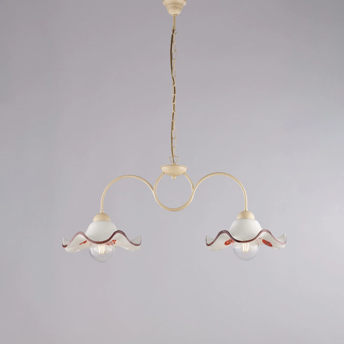 Bilanciere 2 Luci Anemone In Ferro Laccato Avorio E Ceramica Decorata