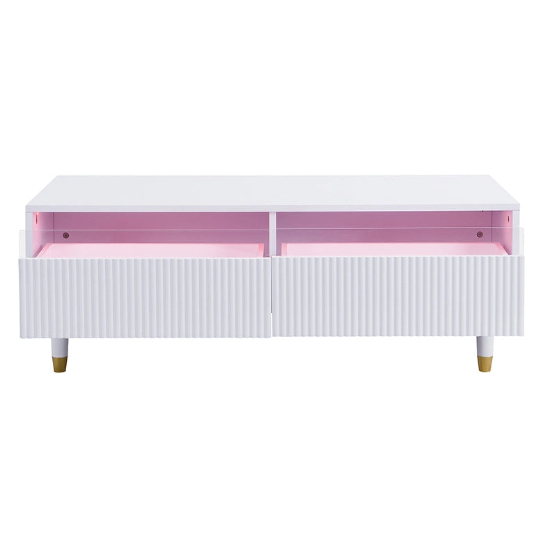 Tavolino da caffè moderno 110x50x40 cm in MDF bianco con LED e 2 cassetti