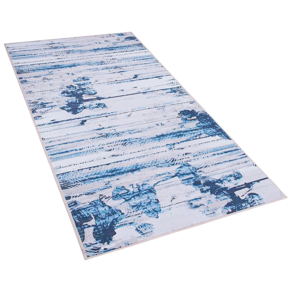 Tappeto tappetino Moquette Tessuto in poliestere beige e blu Motivo astratto invecchiato Fondo rivestito in gomma 80 x 150 cm