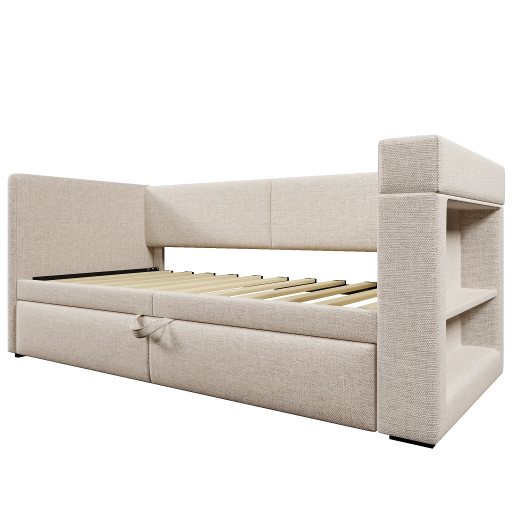 Daybed imbottito 90x200 cm con letto estraibile, USB, Type-C e portabicchieri