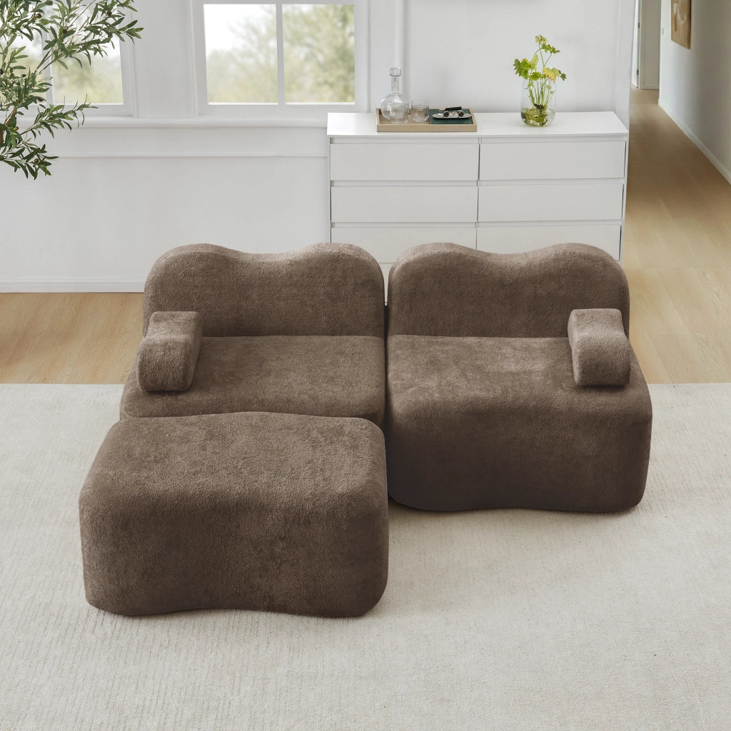 Divano modulare angolare 2 posti con pouf e cuscino bracciolo mobile design ondulato in velluto marrone