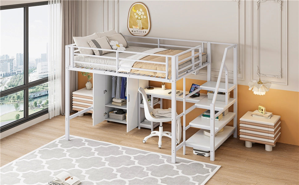 LETTO a soppalco 140x200 cm in metallo bianco con armadio, ripiani e scrivania