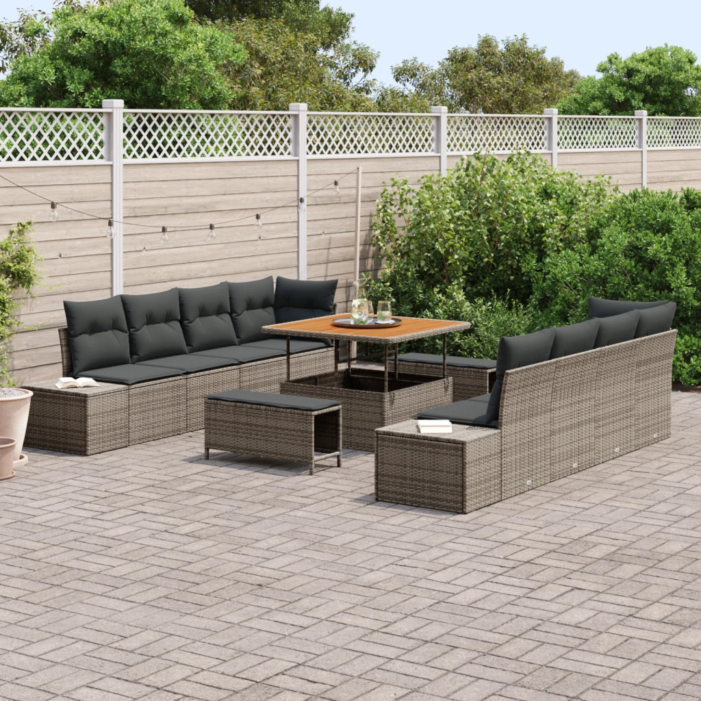Set di divano da giardino in 11 pezzi con cuscini grigi in polyrattan acacia
