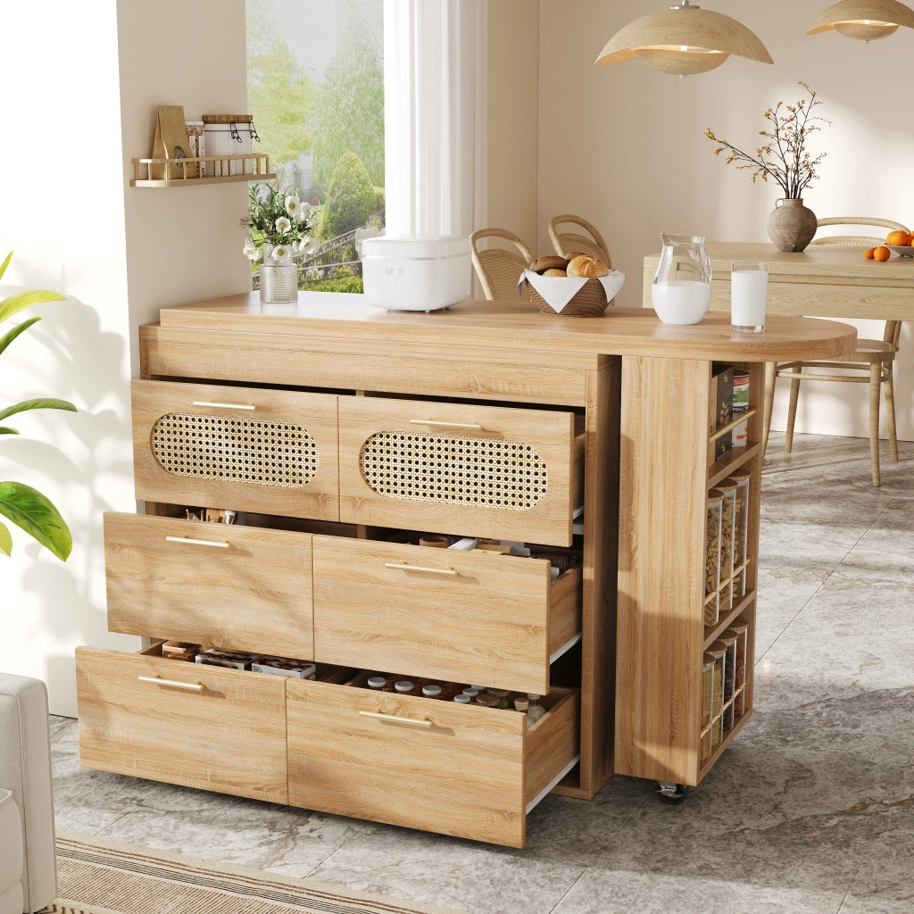 Tavolo Bar con 6 Cassetti e Ante in Rattan ¨C MINIMAL ¨C Metallo, Girevole 360¡ã