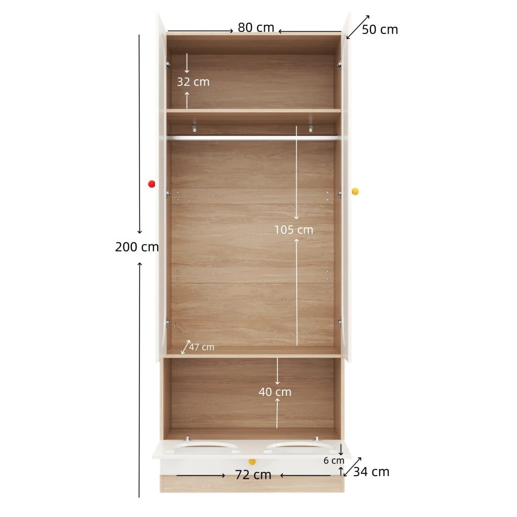 Armadio per cameretta MDF bianco-legno con cassetti 80x50x200 cm