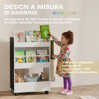 Libreria per Bambini 3-8 Anni  Scaffalea Due Lati Portagiochi con Ruote e Lavagna Nera in MDF Bianco
