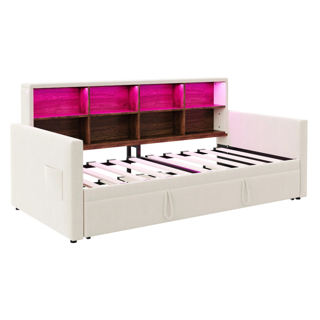 Letto imbottito 90x190 cm con testiera portaoggetti, LED, prese e letto estraibile, velluto beige