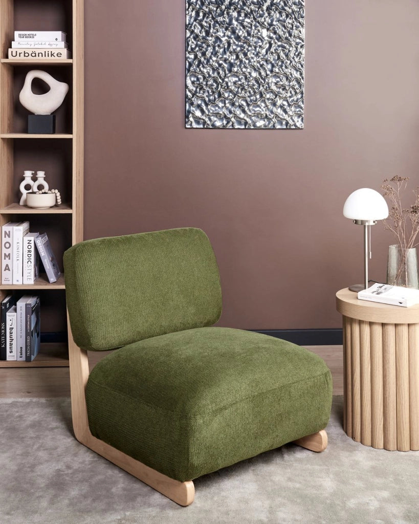 Poltrona Retro Senza Braccioli con Gambe in Legno Massello e Rivestimento in Tessuto Verde in Stile Tradizionale per Soggiorno