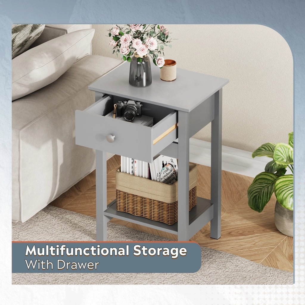 Comodino in Legno con Cassetto e Ripiano ¨C zephmum ¨C Grigio