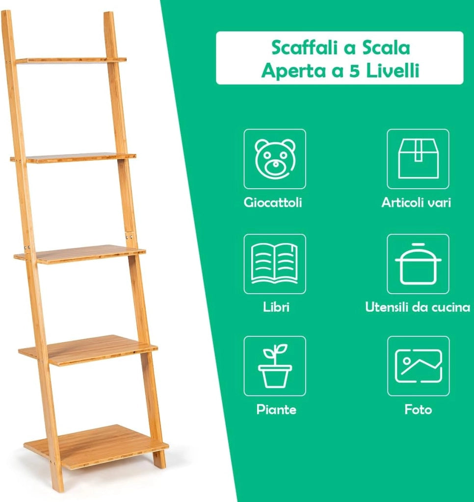Scaffale a Scala con 5 Ripiani, Libreria Moderna in Bambù con Ripiani Aperti, Libreria a Parete Multiuso per Soggiorno Cucina Ufficio, 43x35,5x165 cm