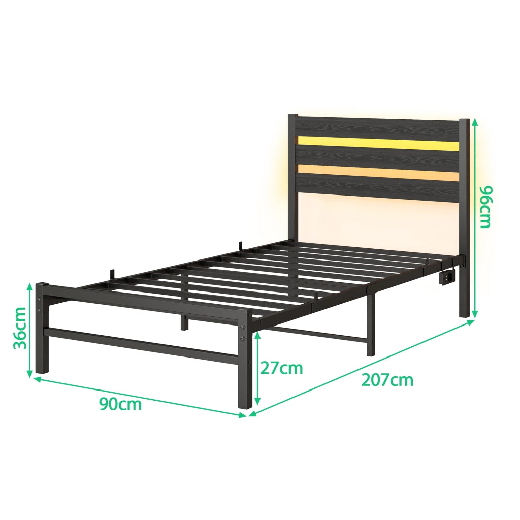 Letto in metallo con LED USB 90x200 MDF nero e metallo