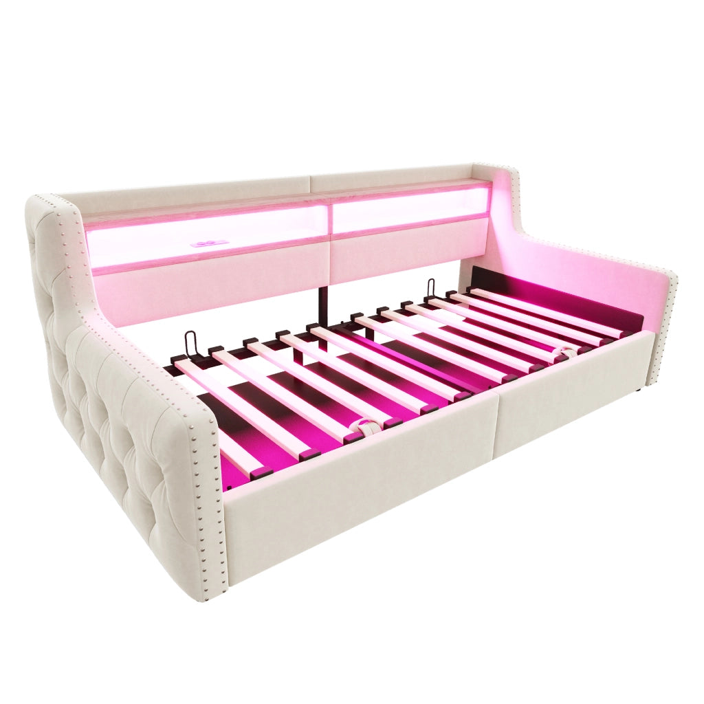 Letto imbottito singolo 90×200 cm con contenitore; LED; ripiano e prese USB Type-C; senza materasso; beige