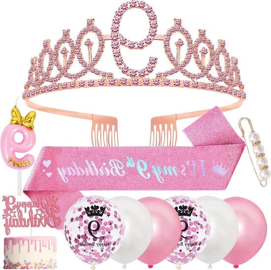 Decorazione di Compleanno 9 anni - Tiara Ragazze - Corona - Palloncini - Candele - Decorazione per Torte