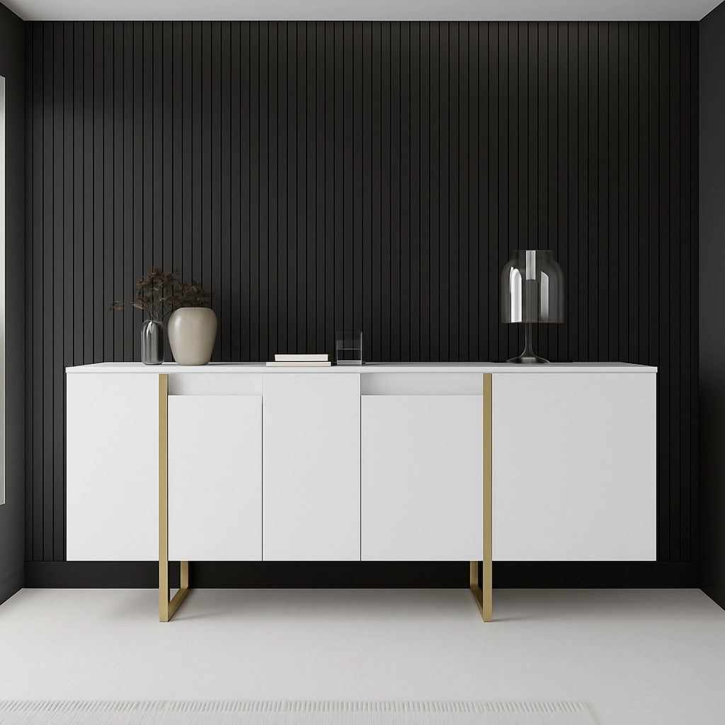 Credenza Arta, Buffet da soggiorno, Madia da salotto, Dispensa da cucina, 160x35h80 cm, Bianco e Oro