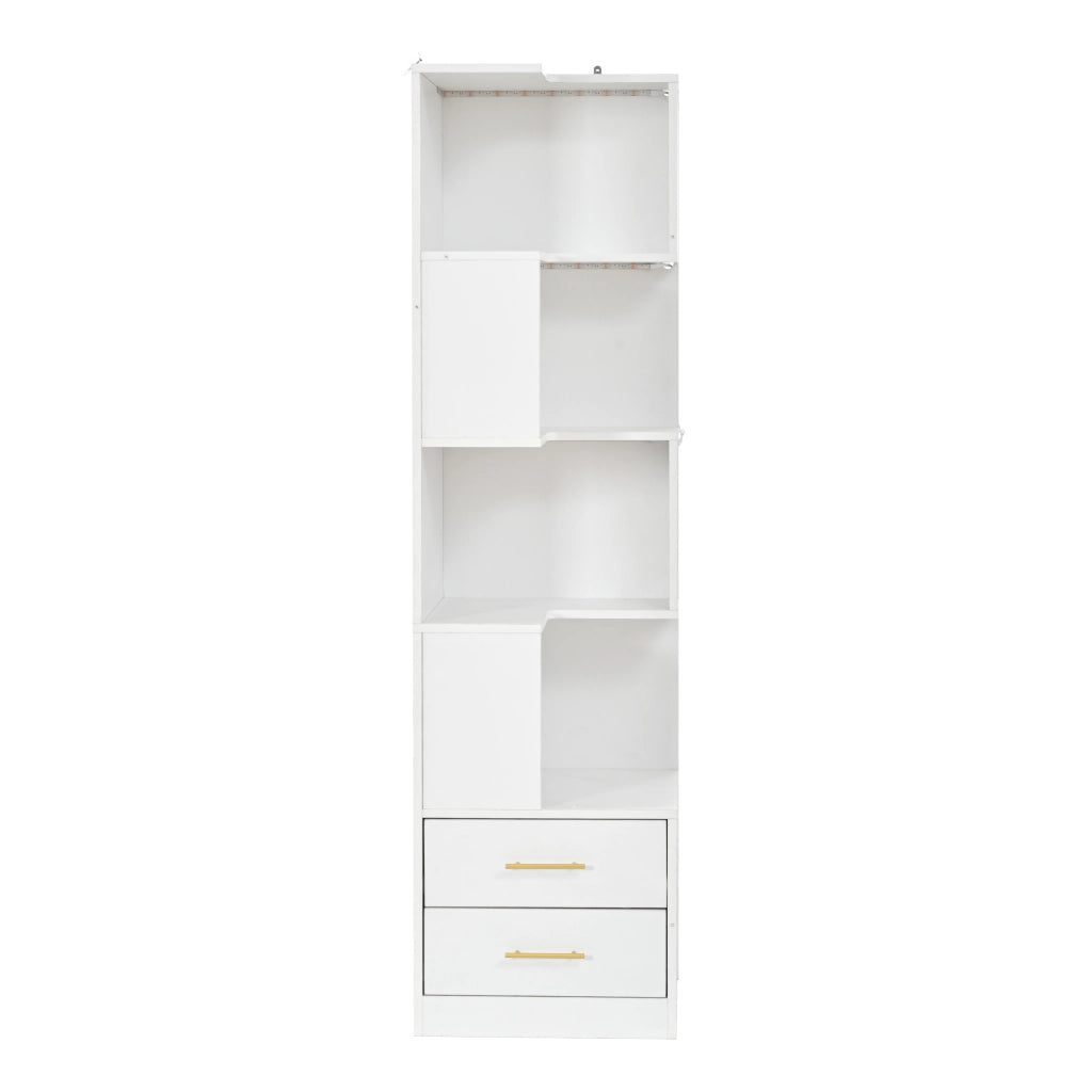 Libreria angolare con 2 cassetti e LED - per soggiorno - 165×45×45 cm - bianco