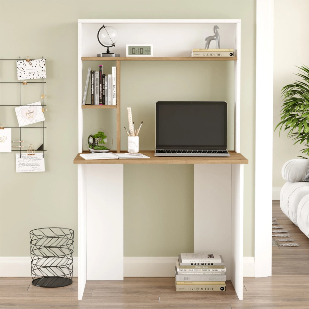 Scrivania Tópisa con Scaffale e Piano 90 x 52 cm - Effetto Rovere / Bianco [en.casa]