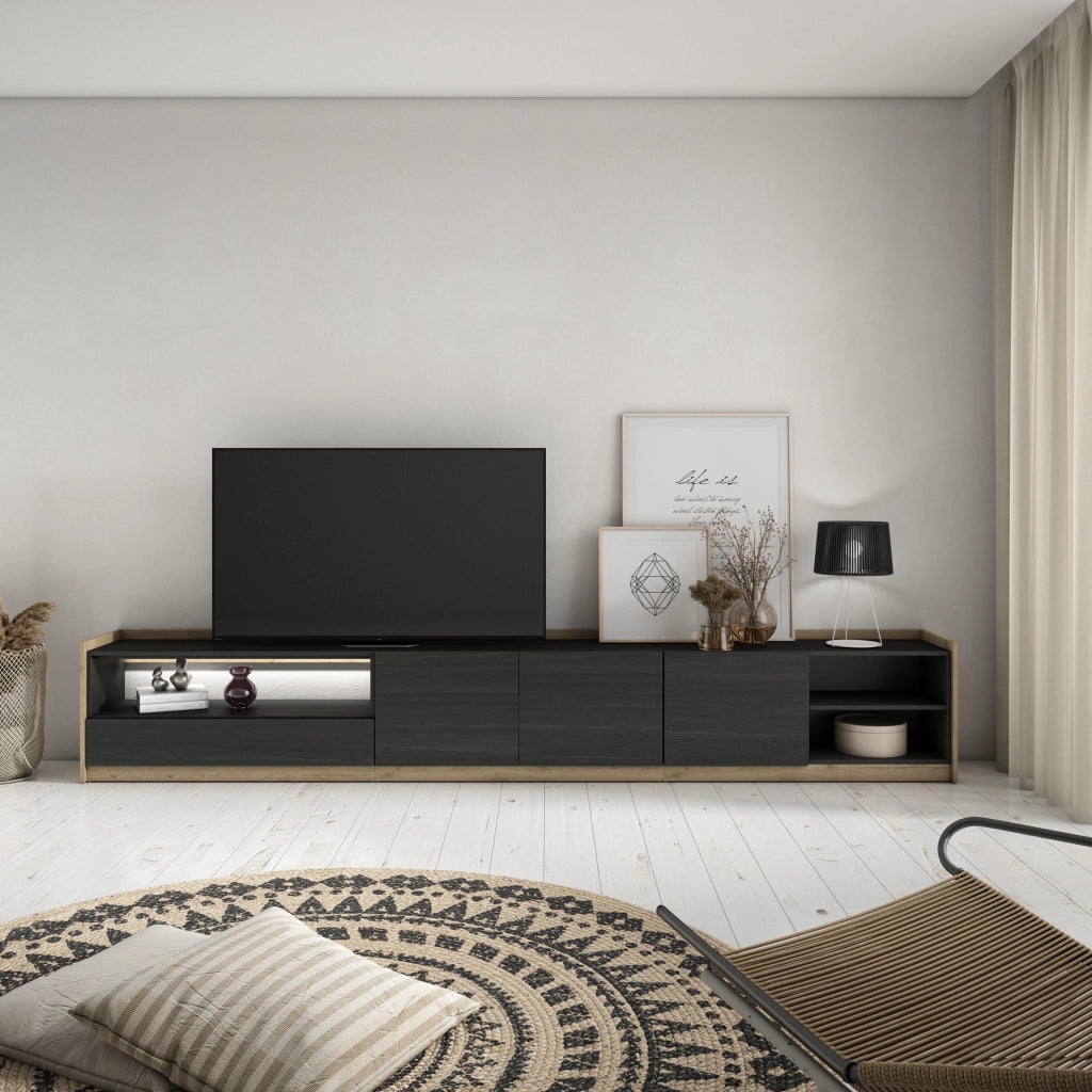Mobile TV Soggiorno, 310x50x37 cm, Per TV fino a 80", LED, Nero e rovere