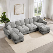 Divano angolare modulare a U con 2 pouf mobili e cuciture trapuntate in ciniglia grigio chiaro 330 × 149 × 90 cm