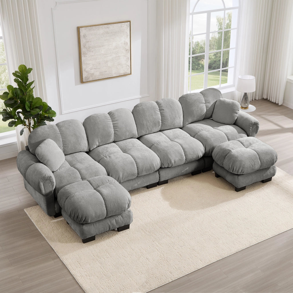 Divano angolare modulare a U con 2 pouf mobili e cuciture trapuntate in ciniglia grigio chiaro 330 × 149 × 90 cm