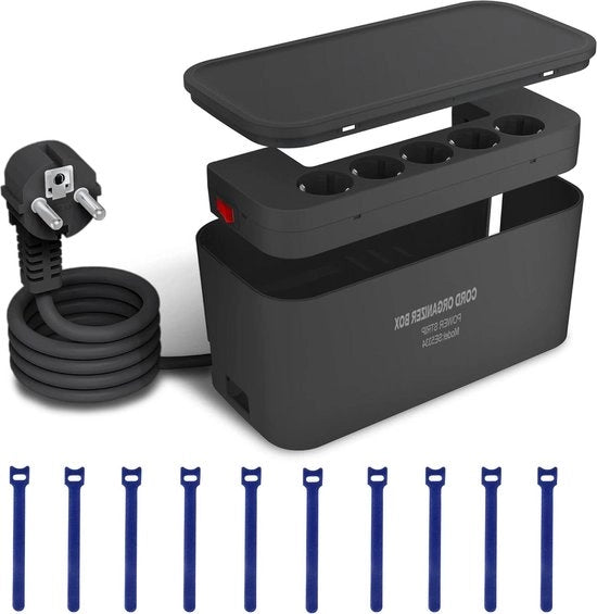 Scatola di Presa con Cassaforte per Cavi - Scatola di Presa Multipla con Cassaforte per Cavi e 3 USB - Nascondi Scatole di Presa e Cavi Elettrici - Pannello di Alimentazione con Interruttore - 2M - Nero - 29,5 * 14 * 14CM