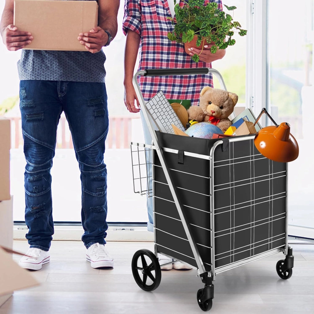 Carrello Portaspesa Pieghevole con Sacca, Carrello della Spesa Pieghevole con Ruote Girevoli a 360°, 2 Cesti, Capacità di Carico: 150 kg, 126 L, 66 x 64 x 103 cm (Argento)