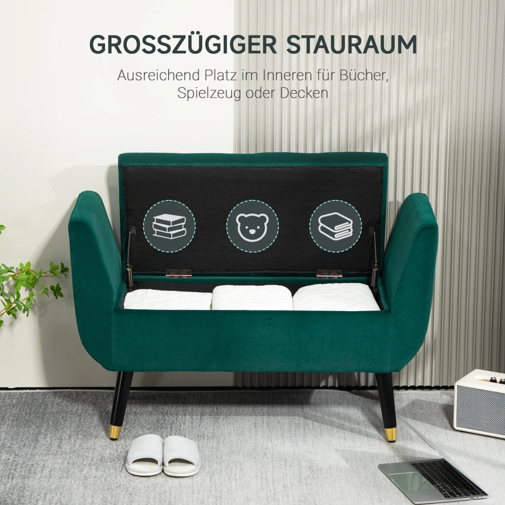 Panca contenitore in poliestere effetto velluto con seduta imbottita e coperchio apribile verde 107 × 42 × 65 cm