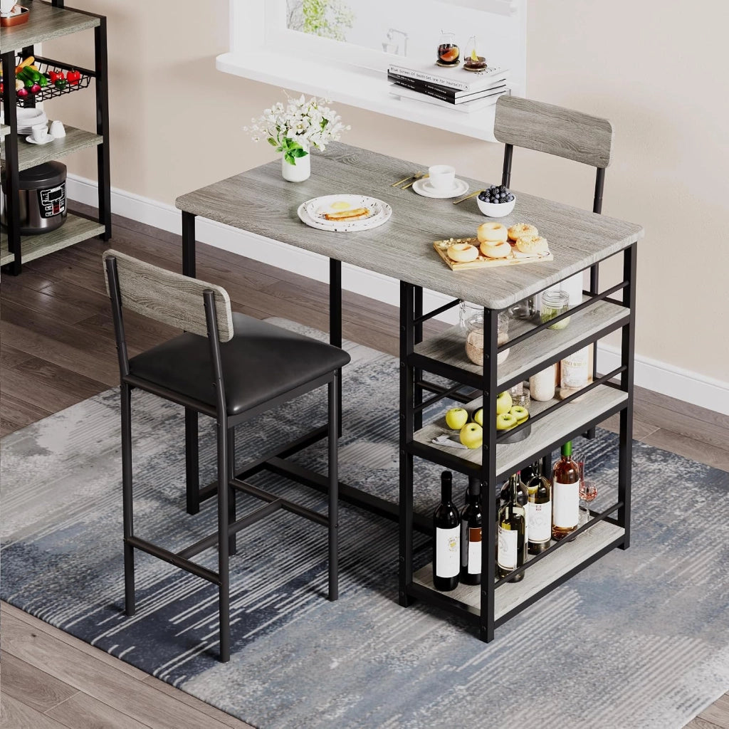 Set da pranzo a 3 pezzi per 2 persone: tavolo alto con 3 ripiani + 2 sedie imbottite - stile rustico - grigio