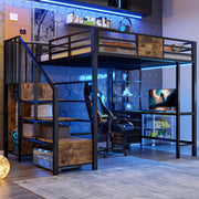 Letto a soppalco 140x200 cm in metallo con scrivania; ripiani; asta appendiabiti; LED e presa; nero