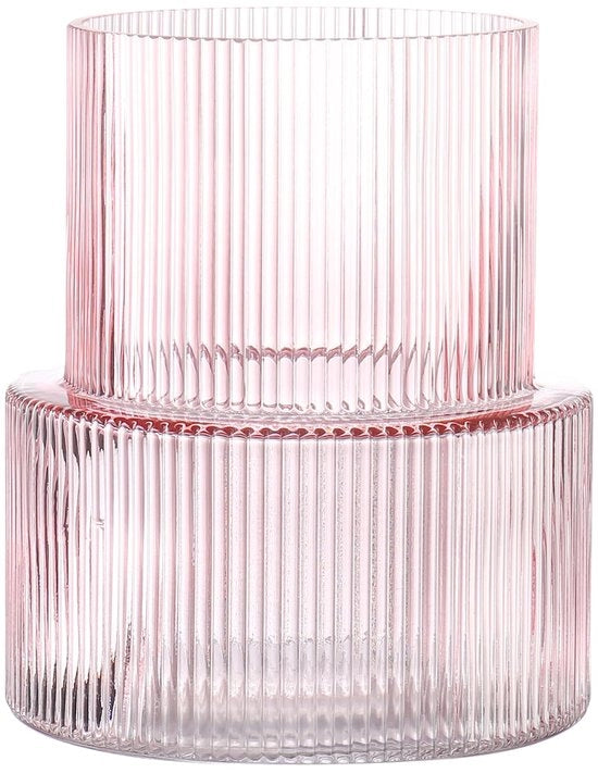 Vaso di vetro rosa, vaso con superficie ondulata per fiori, vaso per tulipani, vasi moderni per soggiorno, tavolo da pranzo, ingresso, camino, mensola, matrimonio, ufficio, 19 cm