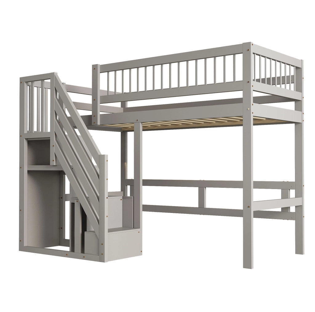 Letto a soppalco 90x200 cm con scala portaoggetti in legno grigio