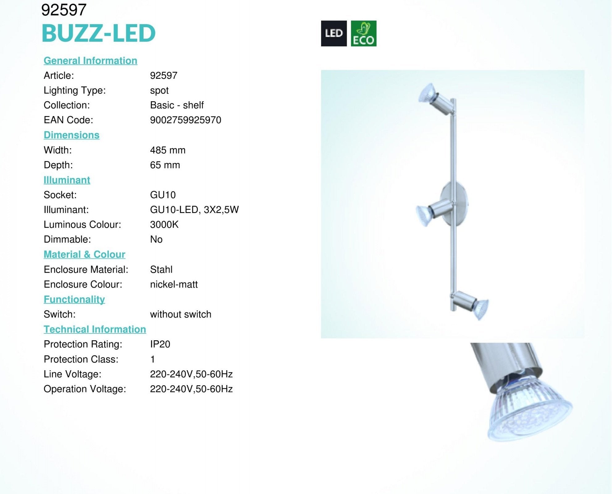 FARETTO BUZZ LED 3 LUCI X 2,5 IN NICKEL - EGLO 92597