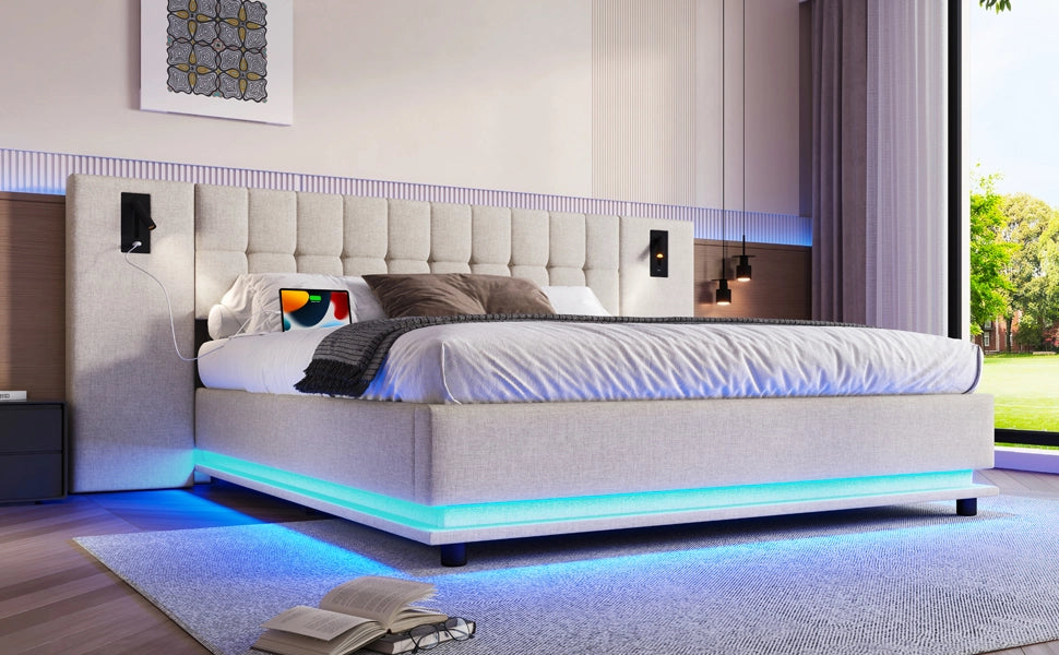 Letto matrimoniale imbottito 180 ¡Á 200 cm con LED USB e spot in lino beige senza materasso