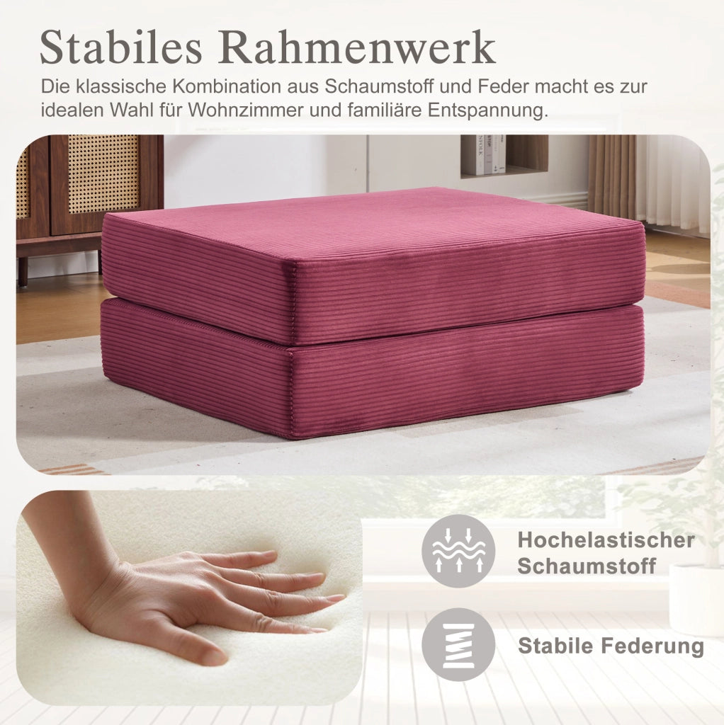 Pouf trasformabile in letto singolo in corduroy bordeaux; 109 x 95 x 43 cm