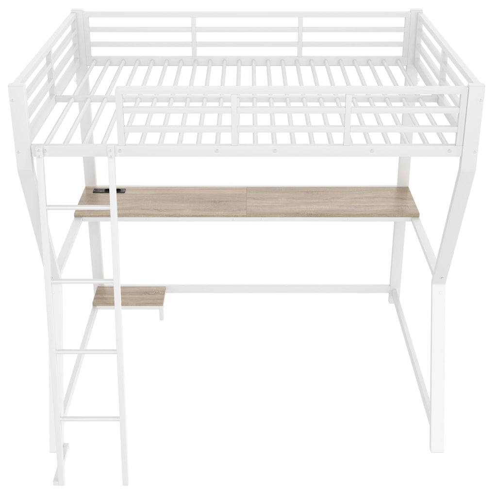 Letto a soppalco 140x200 cm in metallo e MDF con scrivania; LED; presa USB; bianco