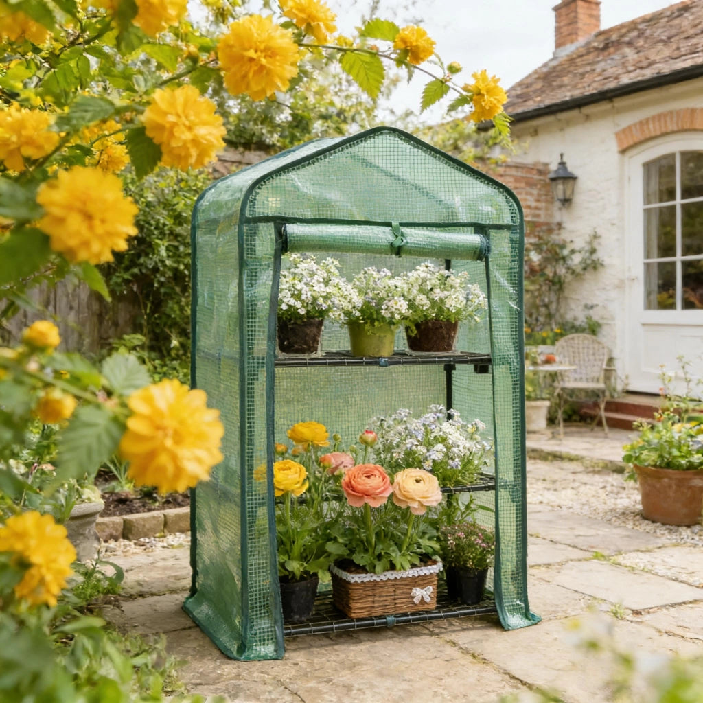 Serra a tunnel con porta avvolgibile e 3 ripiani in rete, struttura in metallo e PE verde 69 × 49 × 125 cm