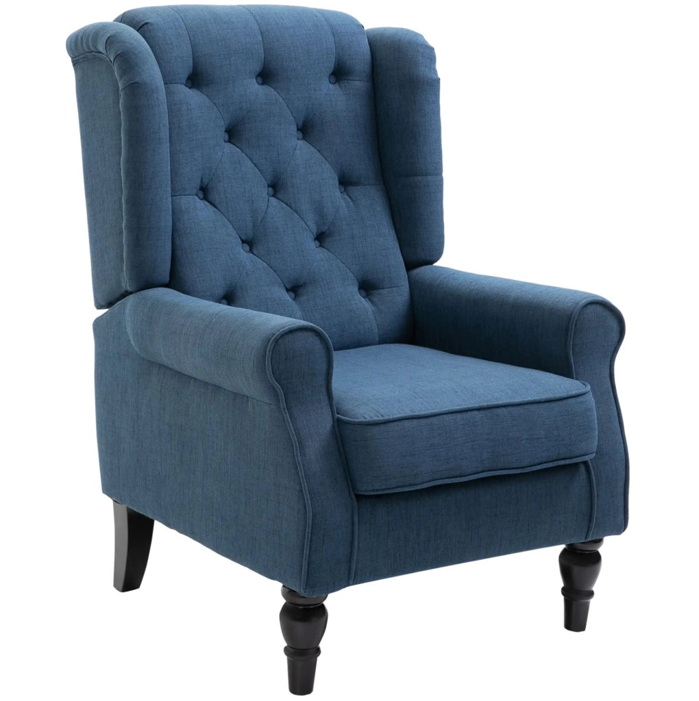 Poltrona ad orecchioni imbottita blu con schienale alto e gambe in legno