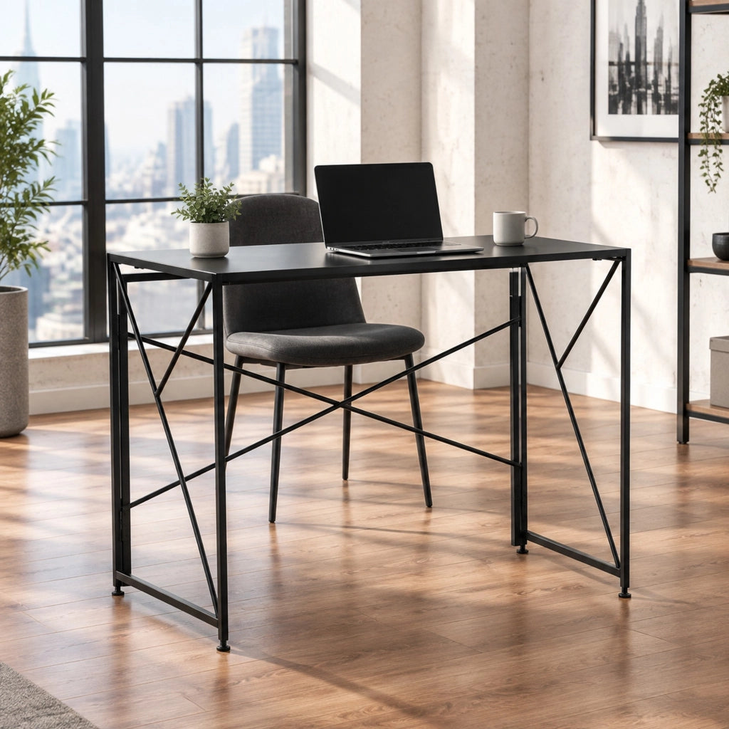 Scrivania pieghevole in MDF nero 99x50x75 cm, salvaspazio e versatile