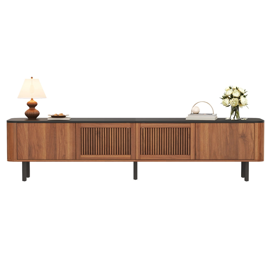 Mobile Porta TV con 2 Ante a Griglia e Vani Aperti; Stile Moderno; per Soggiorno; in MDF e Pannello Truciolare; Noce; 190??35??45 cm
