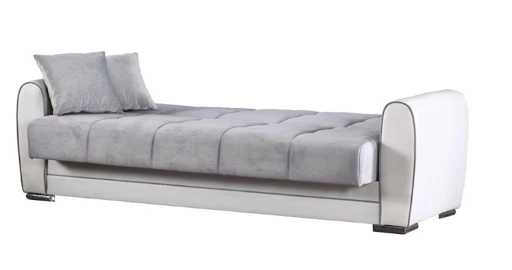 Divano letto Dike, Divano letto contenitore a 3 posti in ecopelle e tessuto, Sofà\  da soggiorno in tessuto imbottito con apertura click-clack, Cm 220x84h91, Bianco e Grigio