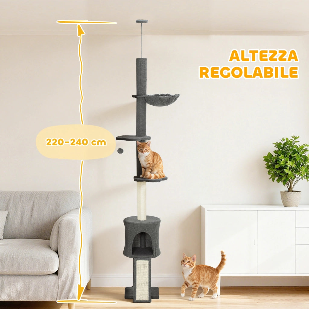 Albero per Gatti a Soffitto Alto 220-240 cm con Amaca, Casetta, Piattaforme a Fiore e Pali in Sisal, Grigio